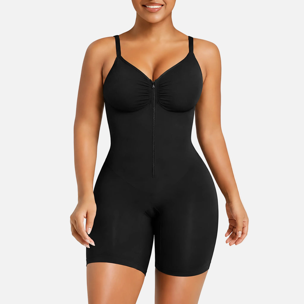 Black shapewear bodysuit worn by a model on a white background