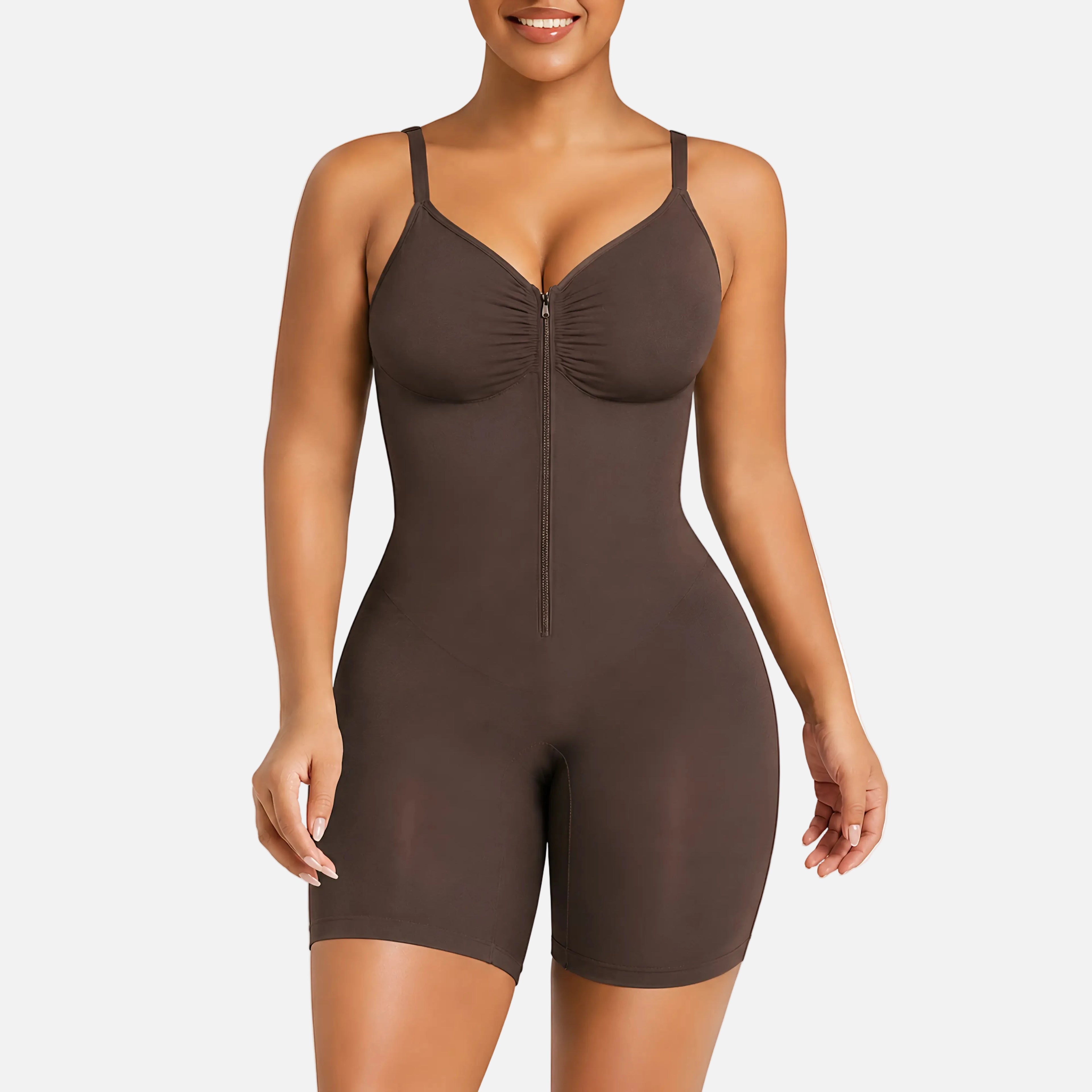 Brown shapewear bodysuit worn by a model on a white background