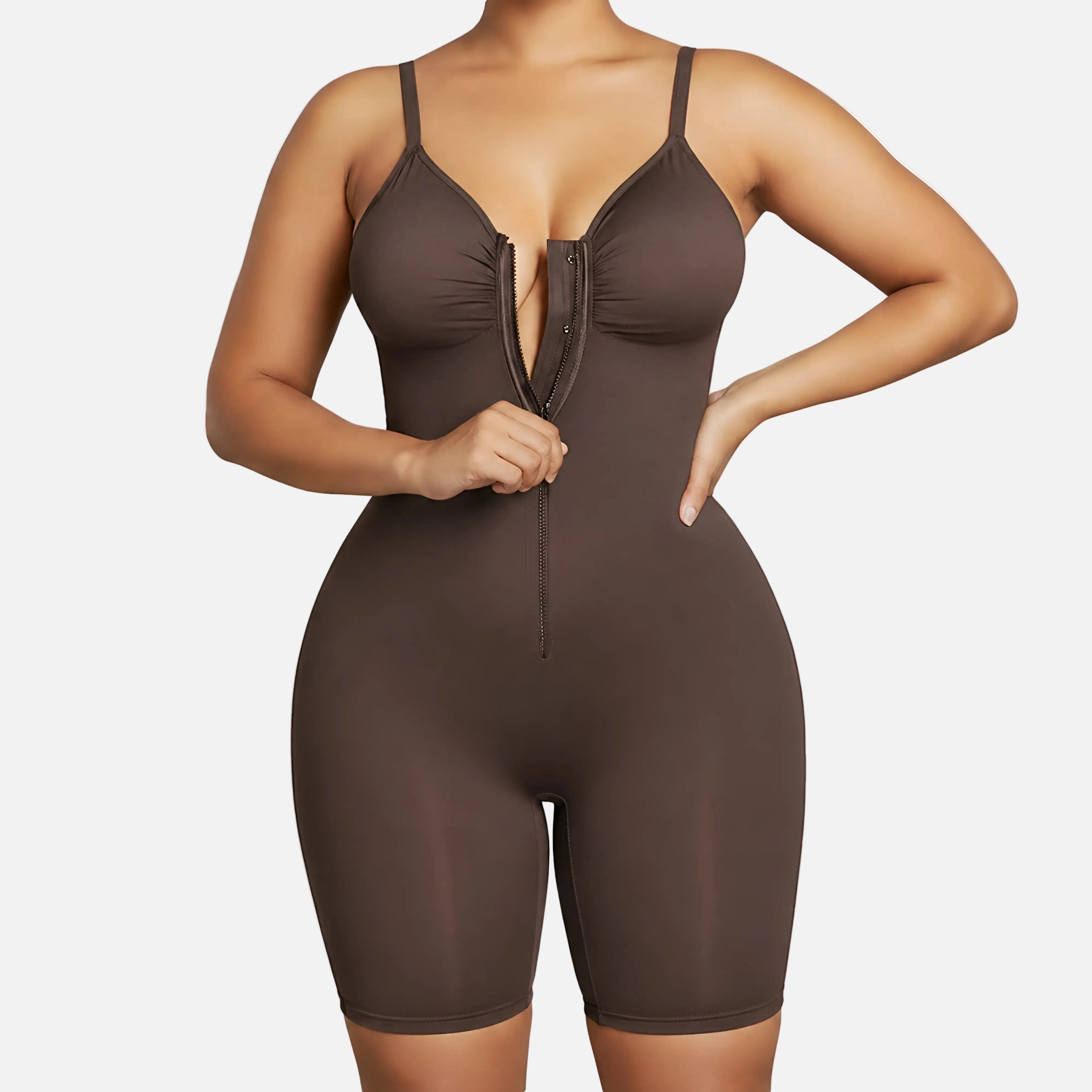 Brown bodysuit worn by a model on a white background