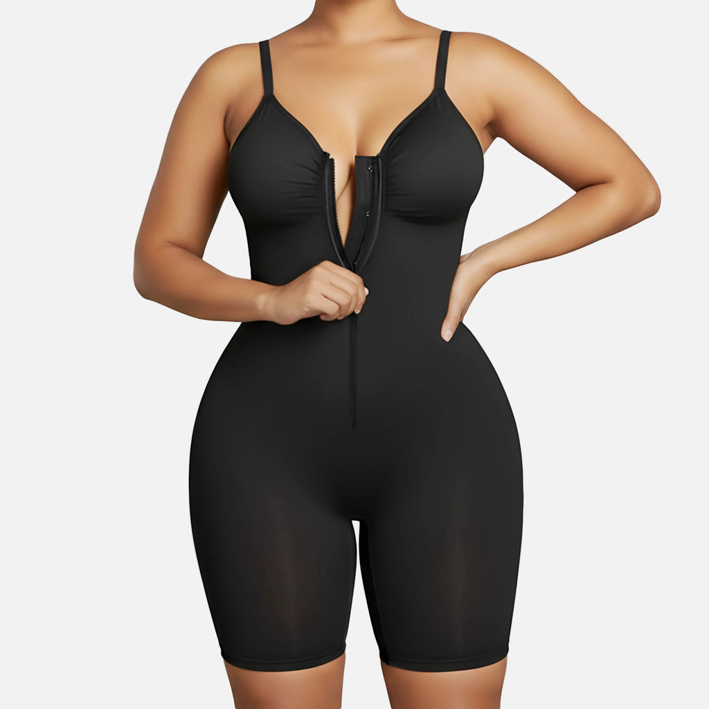 Black bodysuit worn by a model on a white background